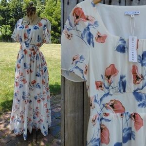 NWT Baltic Born romantic tiered cream pink blue floral maxi dress Womens S